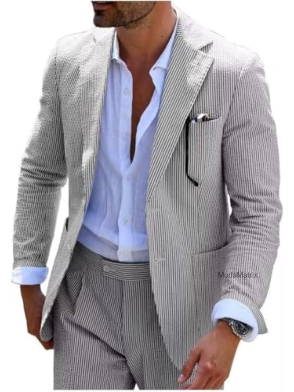 Seersucker Summer Suit Wedding Outfit Slim Fit Formal 2-Piece Set